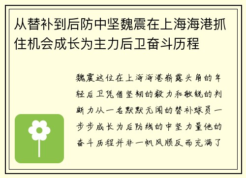 从替补到后防中坚魏震在上海海港抓住机会成长为主力后卫奋斗历程
